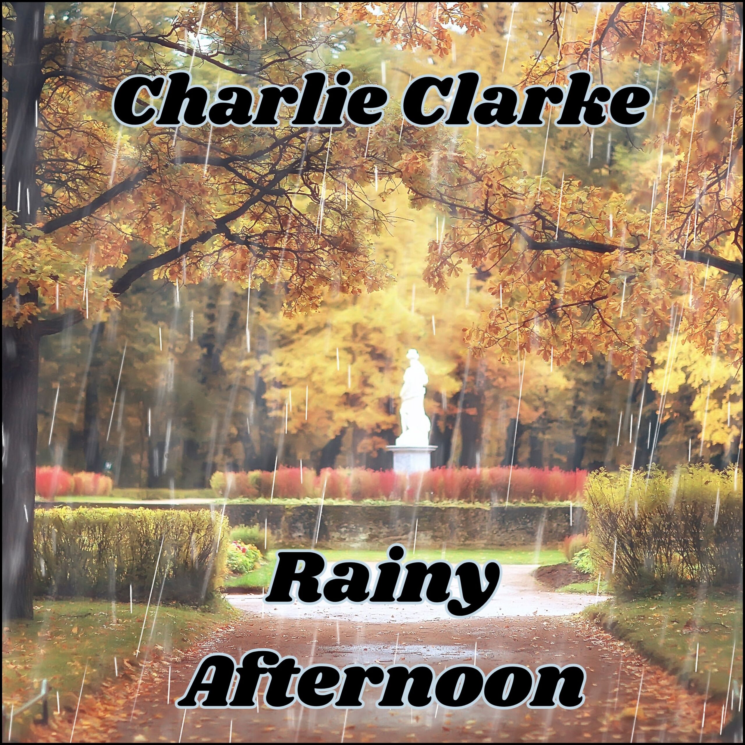 Rainy afternoon scene by Charlie Clarke, featuring gray skies and raindrops on a window, evoking a calm, reflective mood.